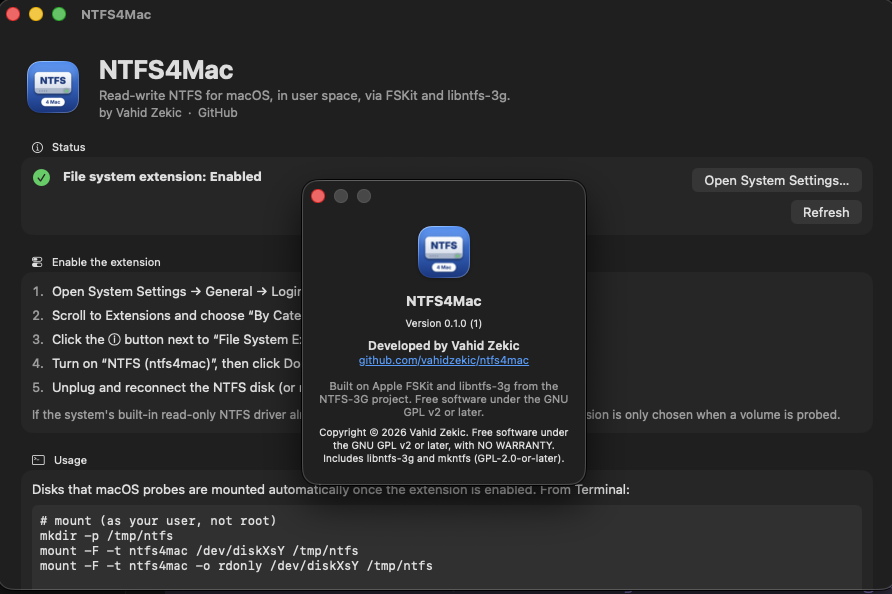 NTFS4Mac app with the extension enabled