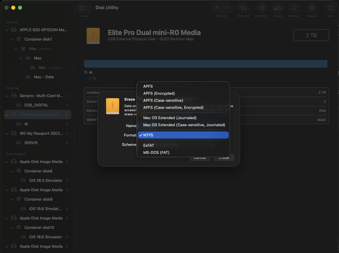 Disk Utility Erase dialog with NTFS in the Format menu