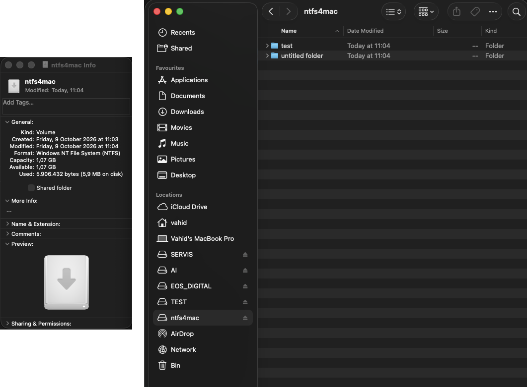 Finder showing an NTFS volume, Get Info reports Windows NT File System (NTFS)